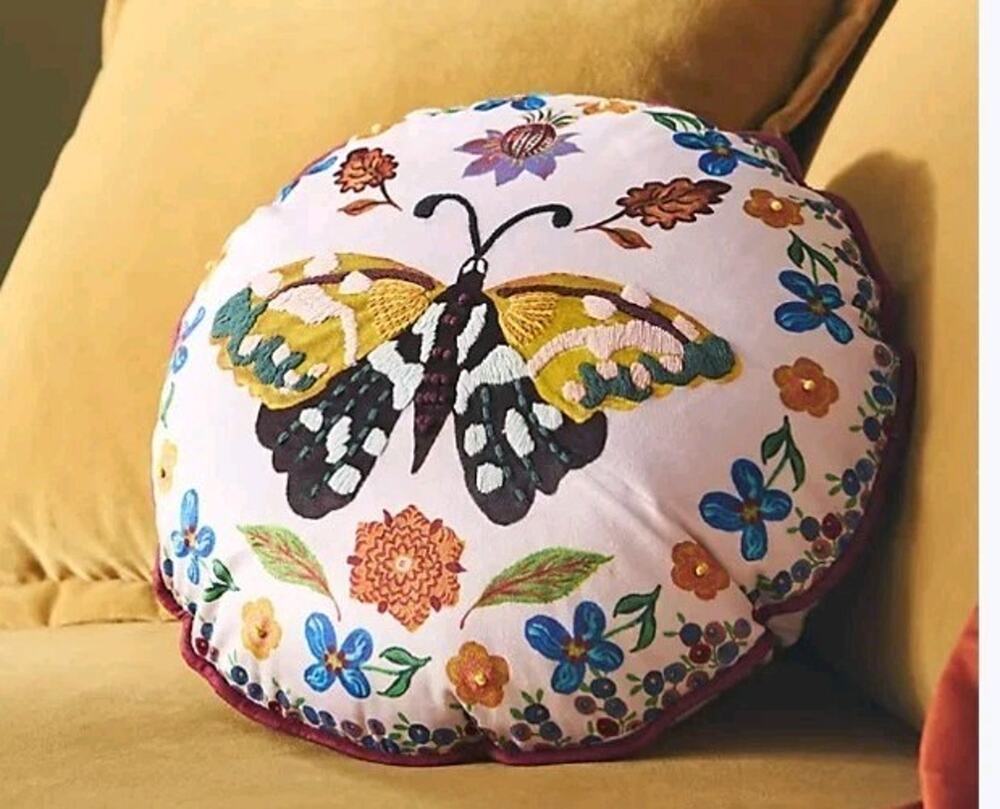 Anthropologie Nathalie Lete Embroidered Velvet Pillow Floral Moth purple 18” NEW
